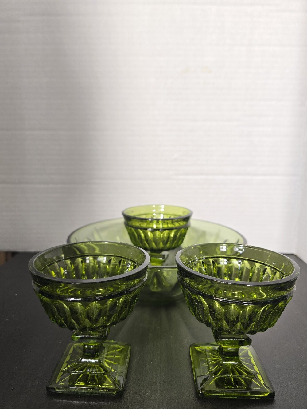 Vtg Indiana Glass Avocado Green Footed Sherbet Glasses Vernon Hazel Atlas Bowl